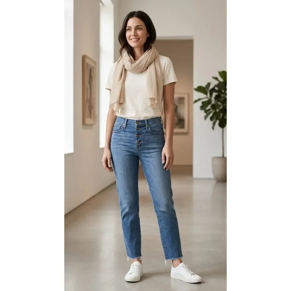 J.Crew Blue Raw Hem Medium Wash Vintage Straight Jeans Women Size 30